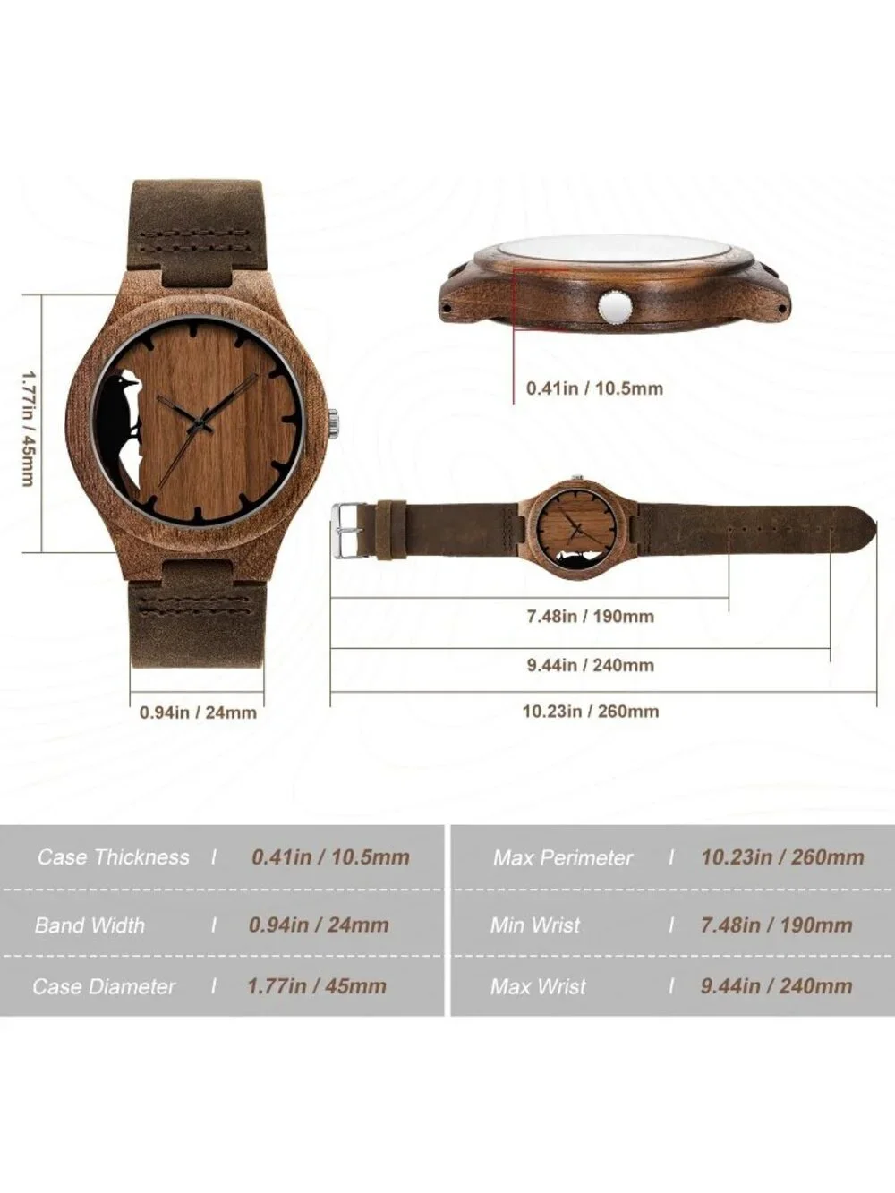 Men's Brown Analog Quartz Handmade Unique Design Leather Strap Wooden Watch